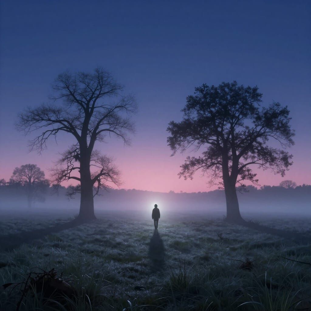 Solitary Figure in Misty Landscape at Dusk