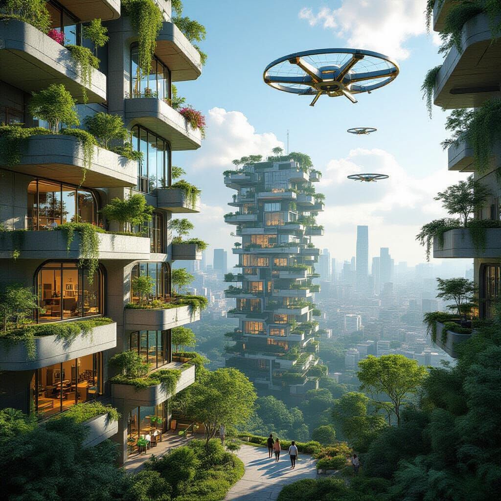 Utopian City with Gardens and Solar Drones