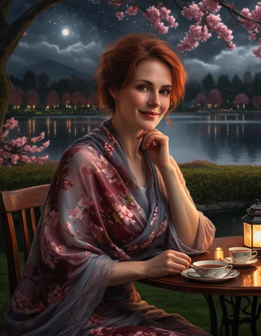 Chiaroscuro Oil Painting: Woman in Lakeside Garden