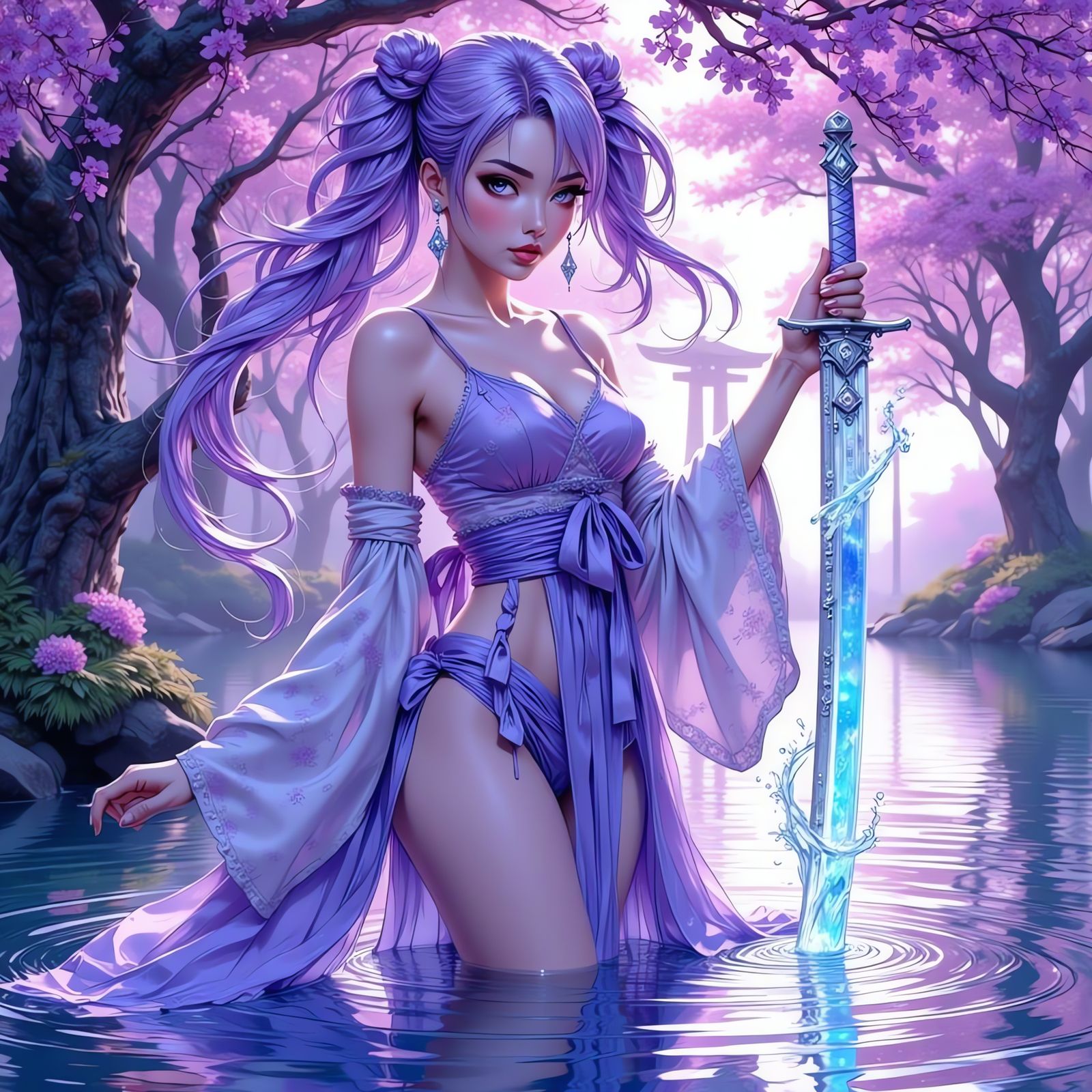 Ethereal Shrine Maiden Wields Glowing Liquid Sword