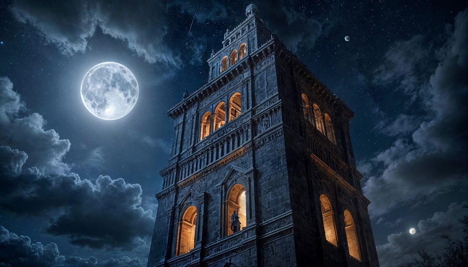 Bell Tower Under Moonlight on Starry Night