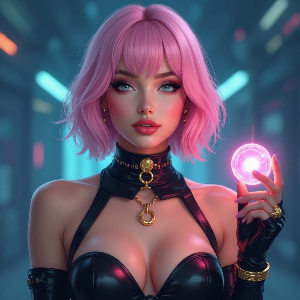 Futuristic Woman with Glowing Orb in Neon Style