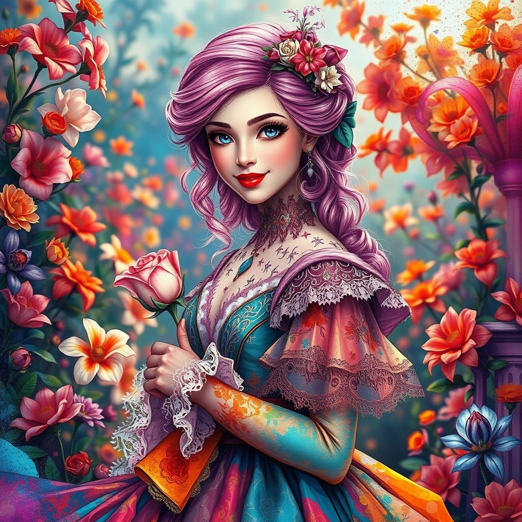 Pink-Haired Woman in Victorian Gown with Rose