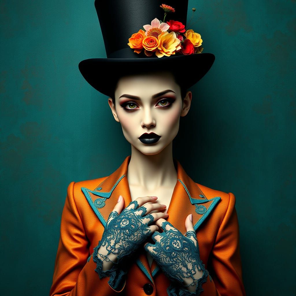 Elegant Androgynous Figure in Teal Velvet Attire