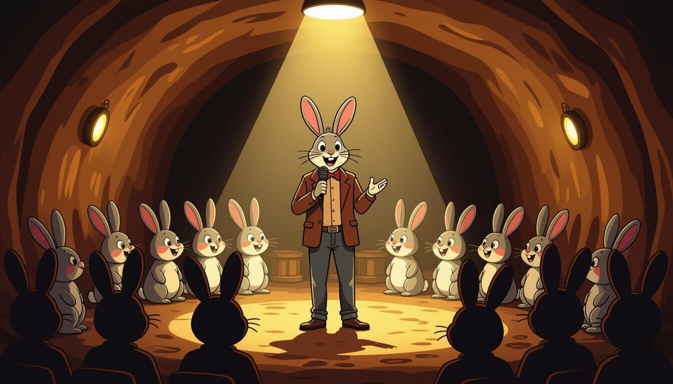 Rabbit Comedian in Burrow Standup, Cartoon Style