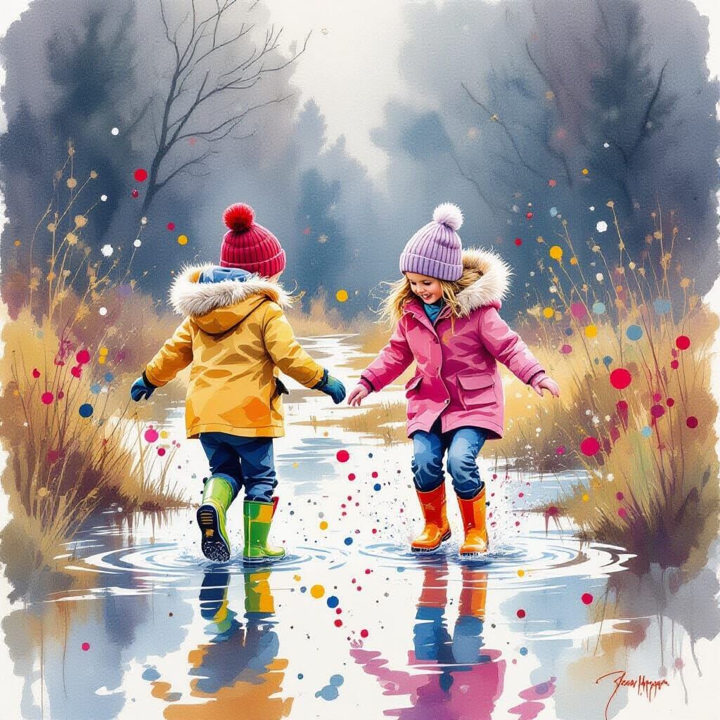 Children Play in Puddles with Ink Splatters