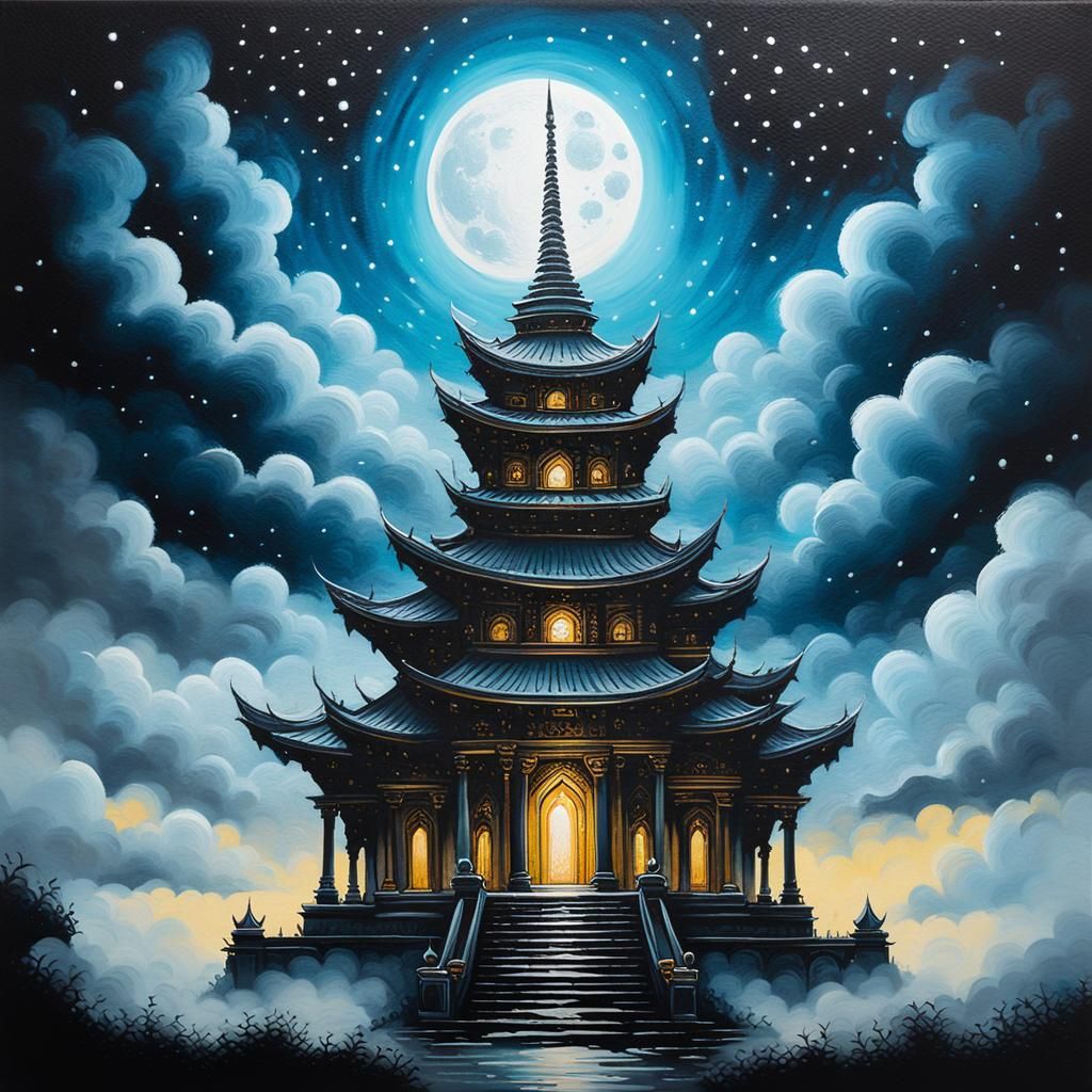 Night Temple Acrylic Painting with Palette Knife Texture