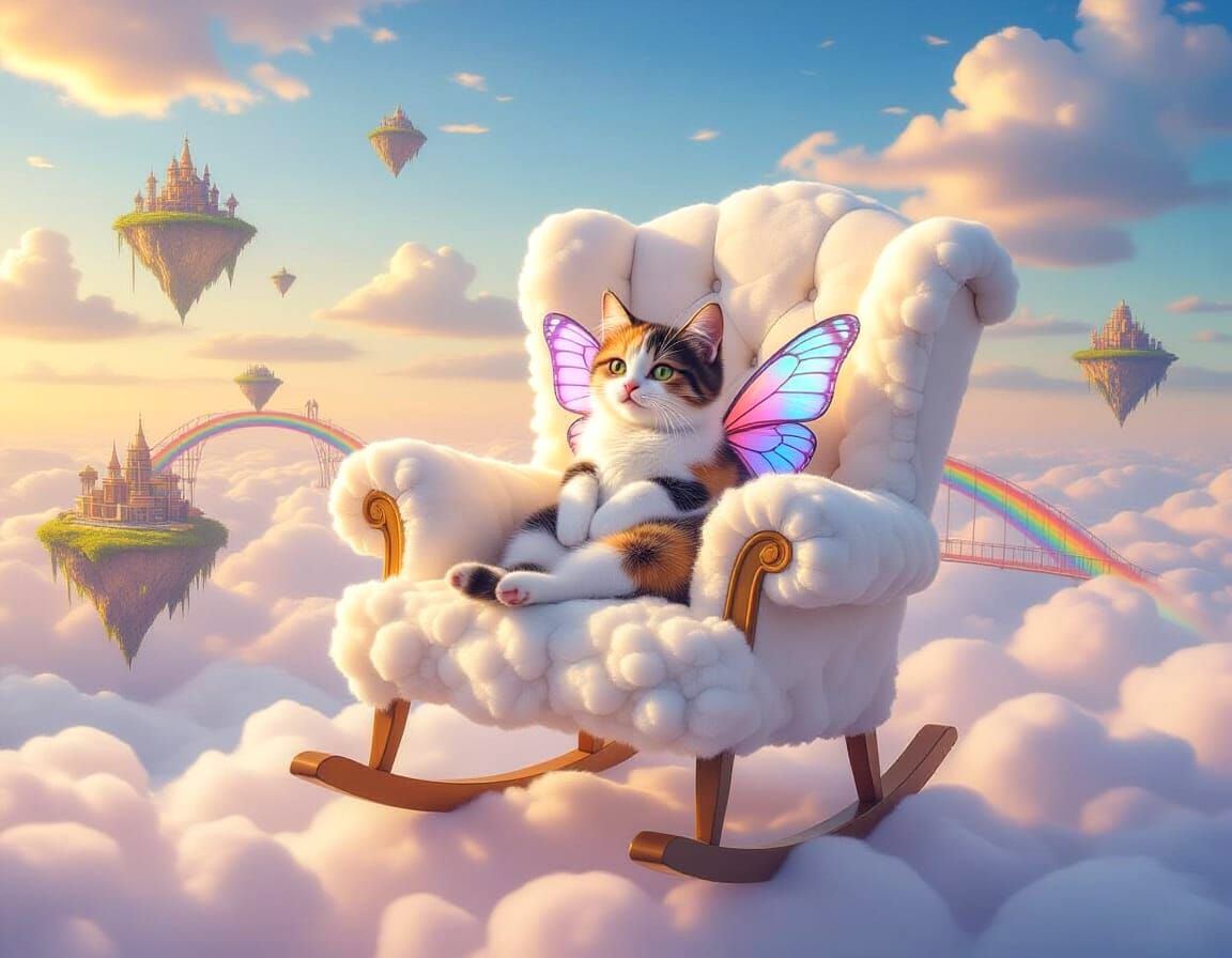 Calico Cat in Cloud Rocking Chair: Hyperrealistic Dreamscape