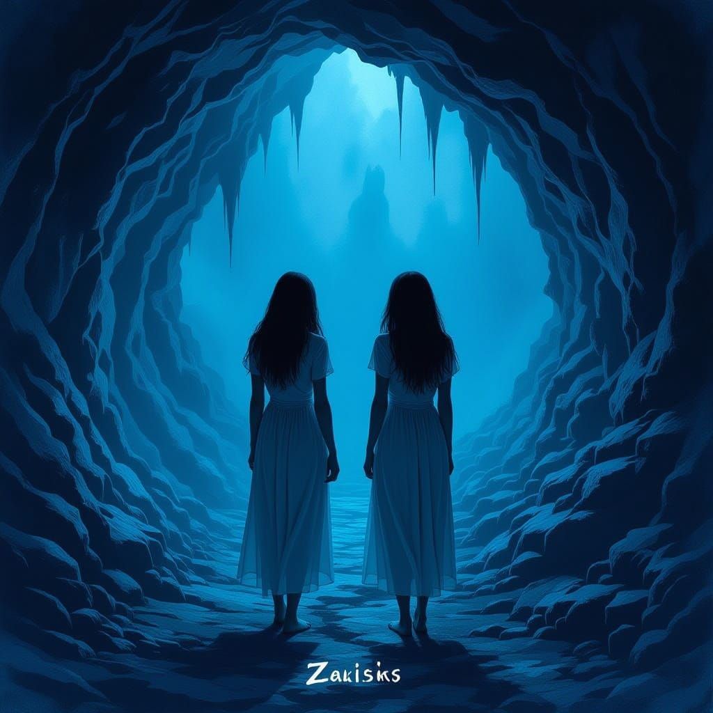 Surreal Grotto Entrance with Ethereal Figures