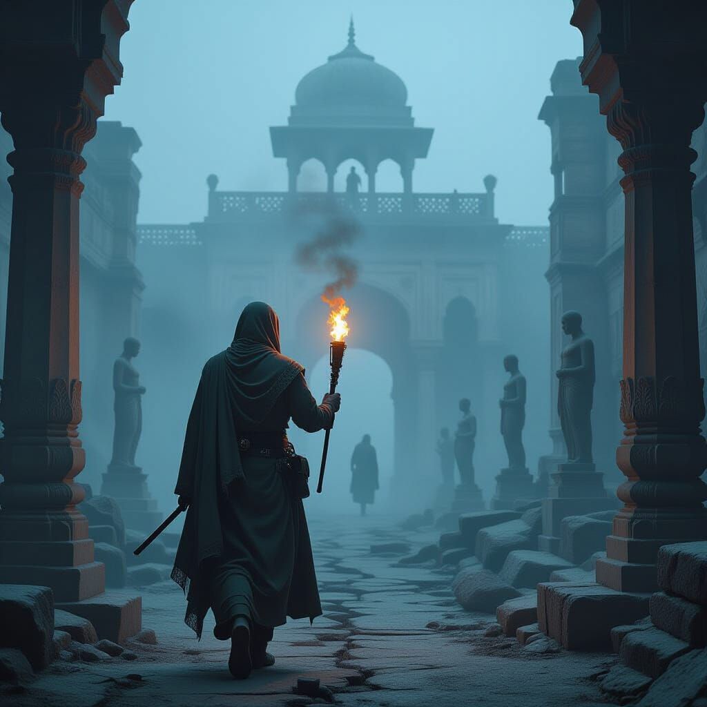 Fog-Shrouded Ruins at Night in Cinematic Realism Style