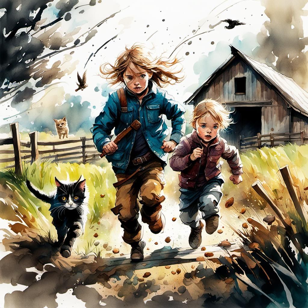 Two cute kids chasing after a kitten on a farm. Spring day.