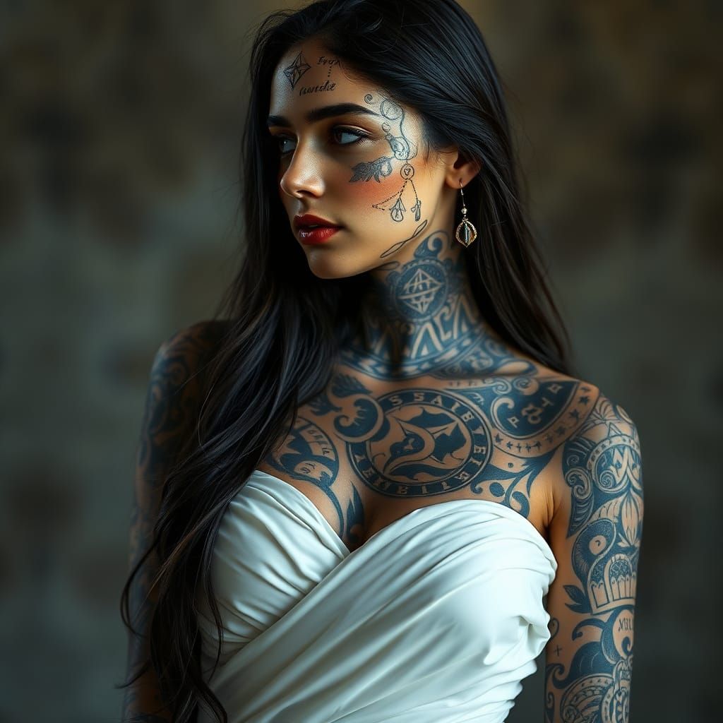 Tattooed Woman in Flowing Gown: Hyper-Realistic Portrait