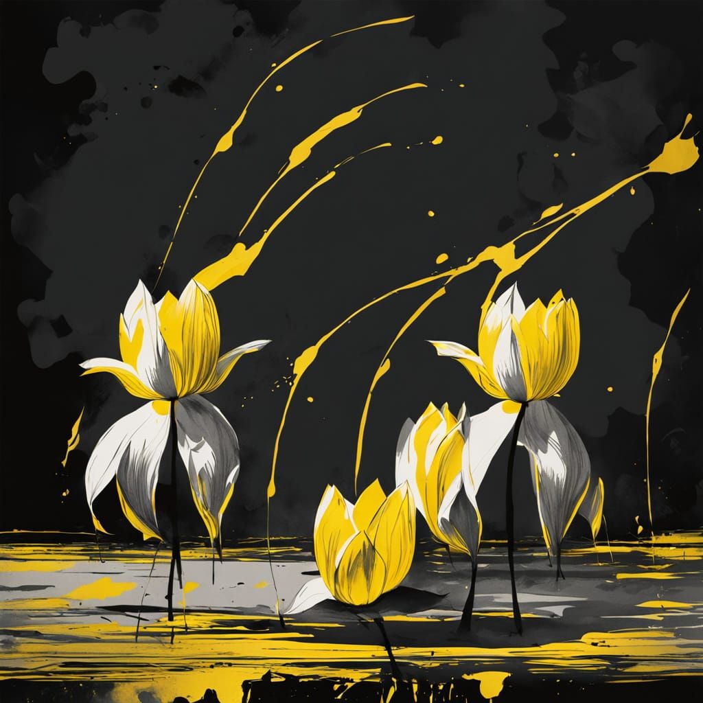 Expressionist Ink Sketch: Yellow and Silver Lotus Flower
