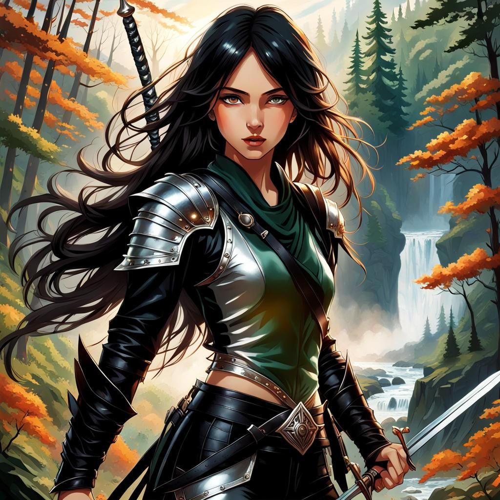 Fantasy Girl Overlooking Misty Forest River at Sunrise