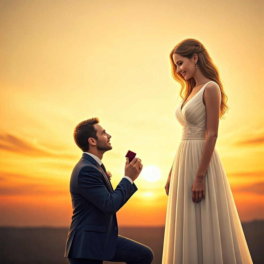 Romantic Sunset Proposal in Warm Lighting Style