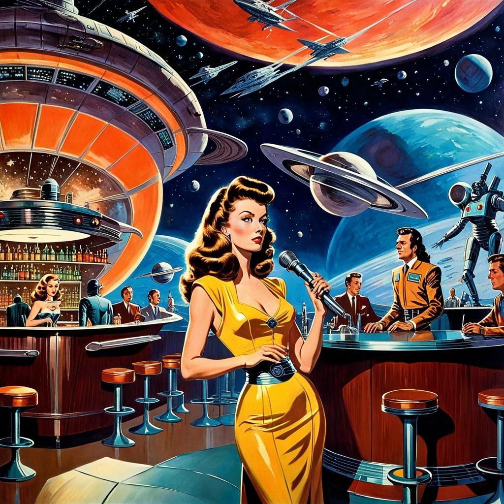 Retrofuturistic Singer in Cosmic Bar, Vintage Comic Style