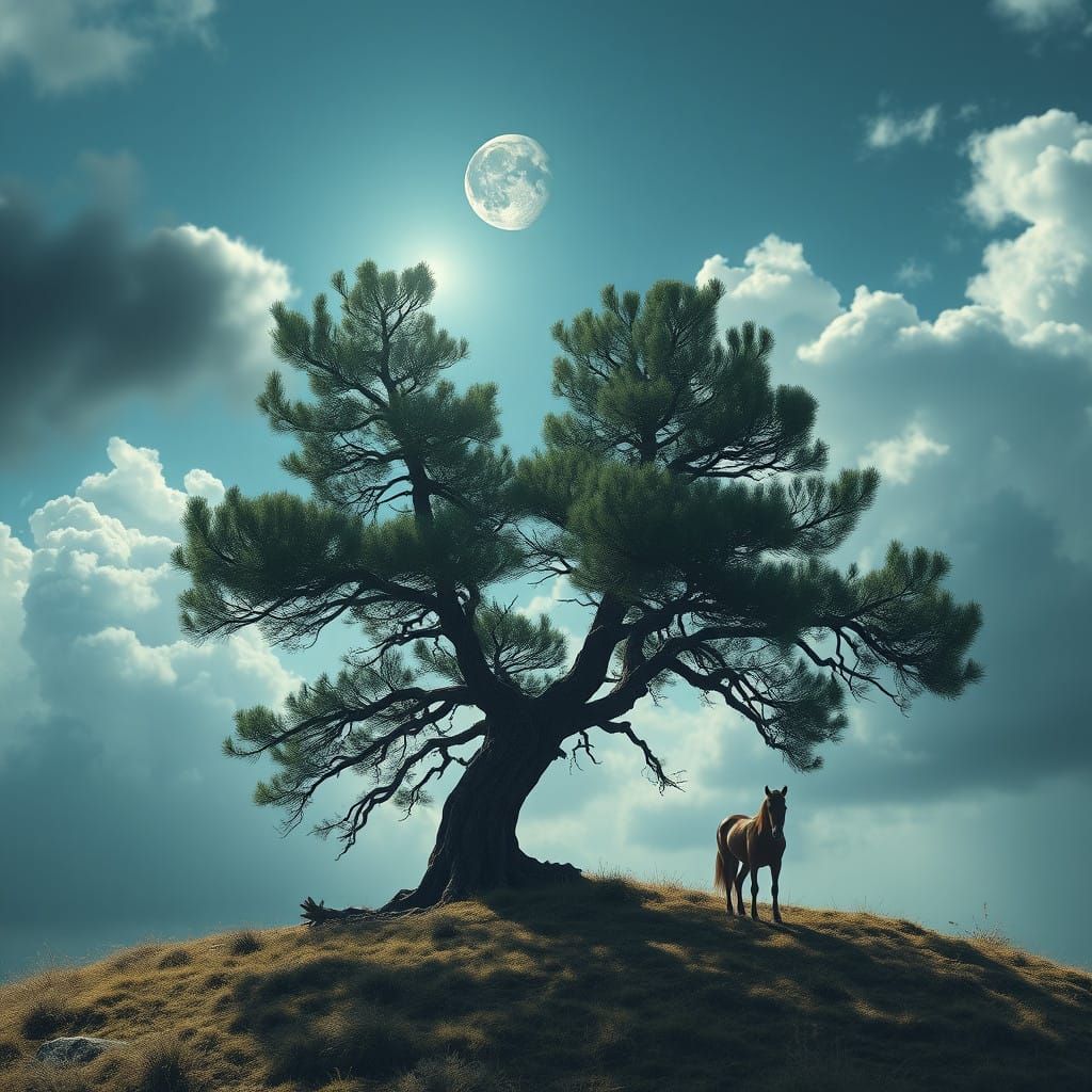 Ethereal Moonlit Scene with a Majestic Horse and Ancient Pin...