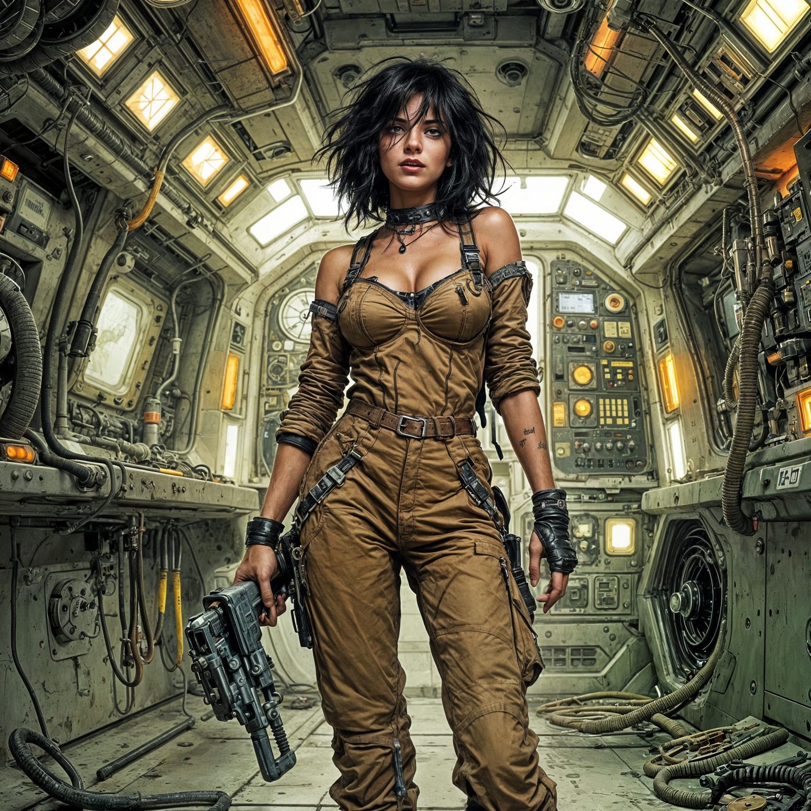 Sci-Fi Engineer in Neon-Lit Spaceship