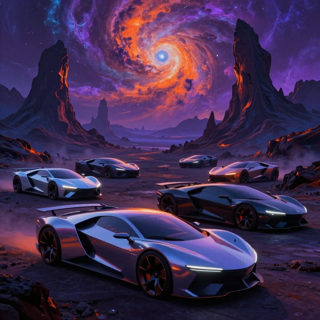 Futuristic Cars on Alien Volcanic Landscape
