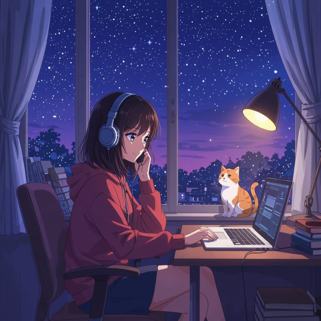 Anime Girl with Cat in Cozy Room, Manga Style