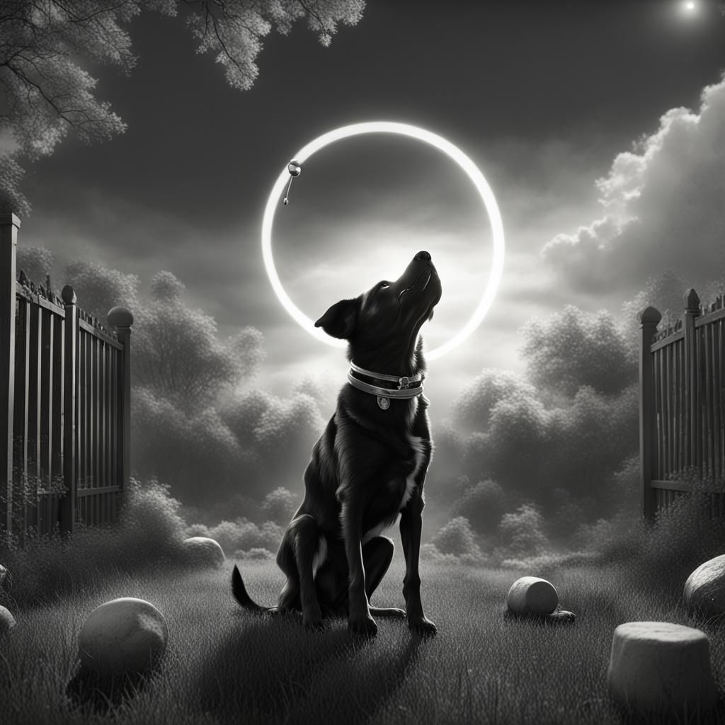Dog Playing Fetch with Halo: Black and White Matte Painting
