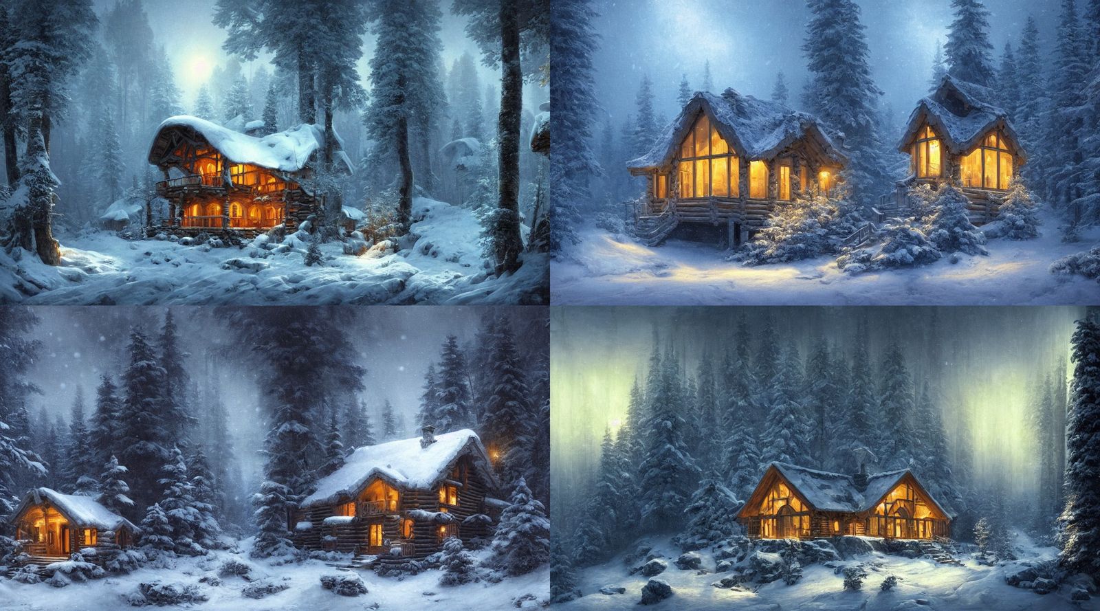 Cabin in Snowy Mountains at Twilight, Hypermodern Style