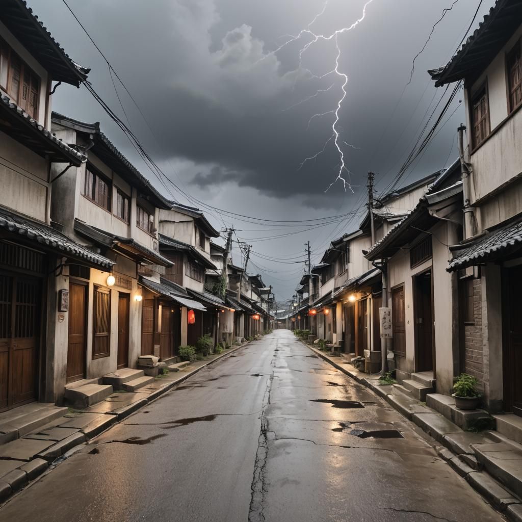 Stormy Asian Village Street with Lightning