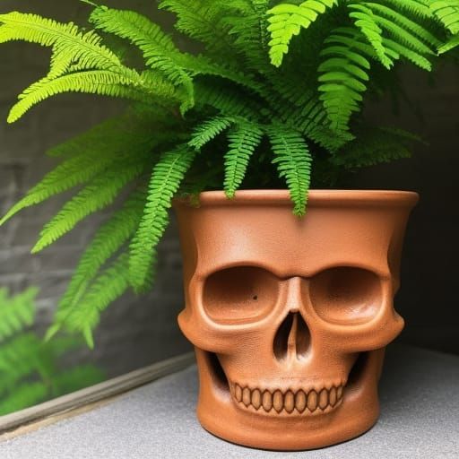 Terracotta Skull Planter in Japanese Fern Garden