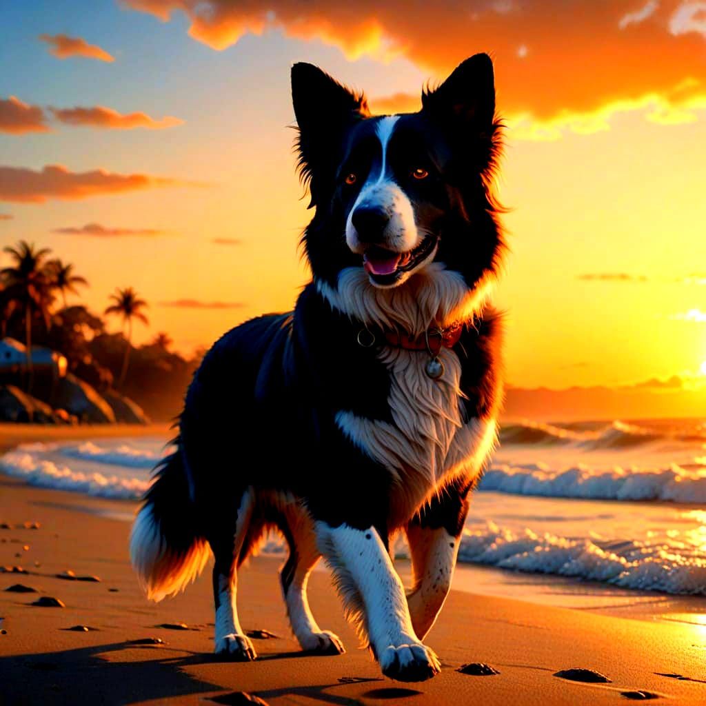 Surreal Border Collie in Whimsical Sunset Landscape