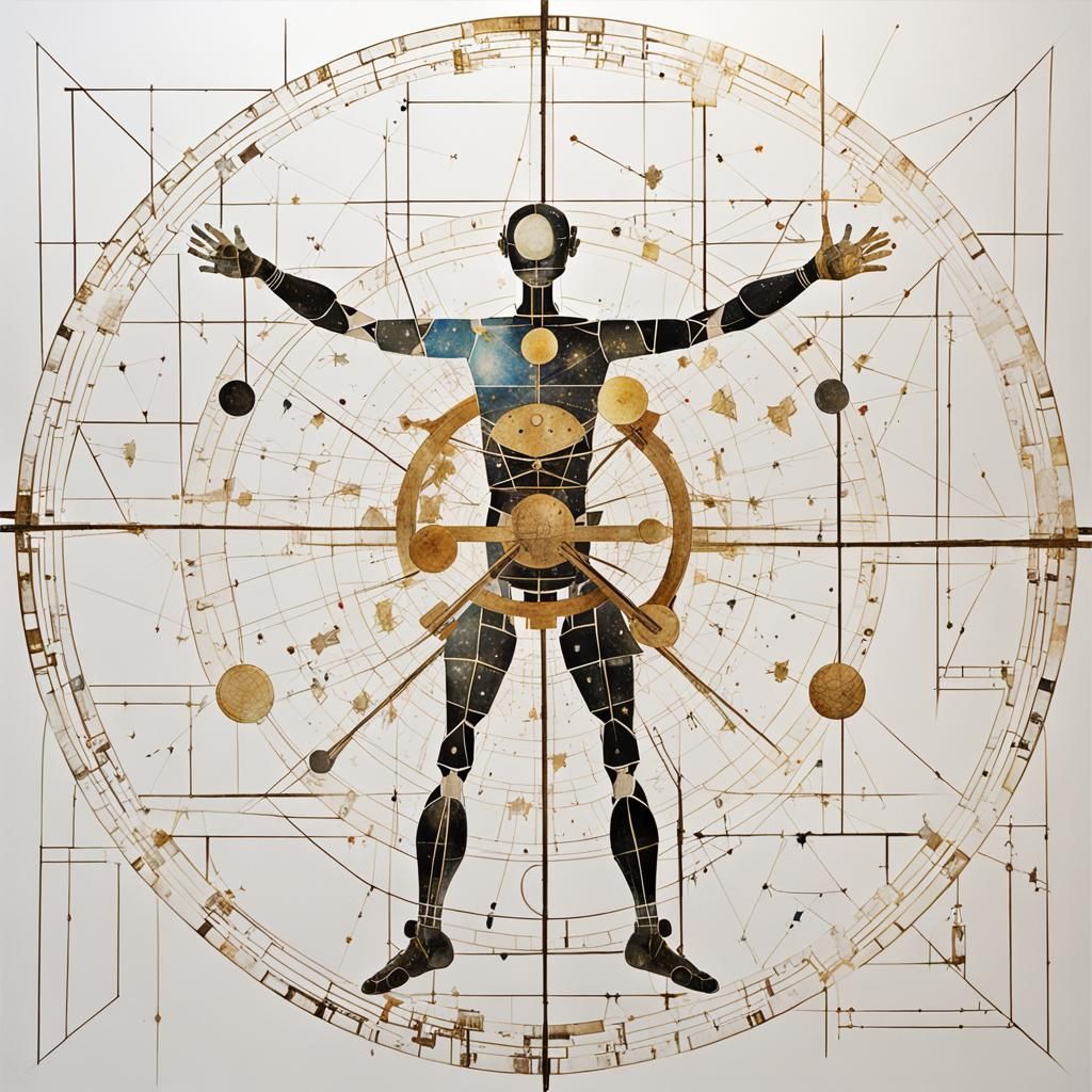 Vitruvian Cyborg in Surreal Constellation, Kintsugi Art