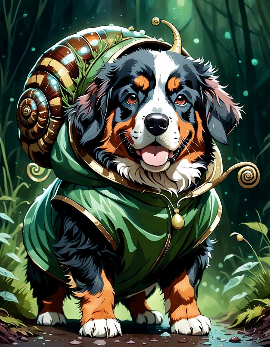 Bernese Mountain Dog in Snail Costume, Digital Art