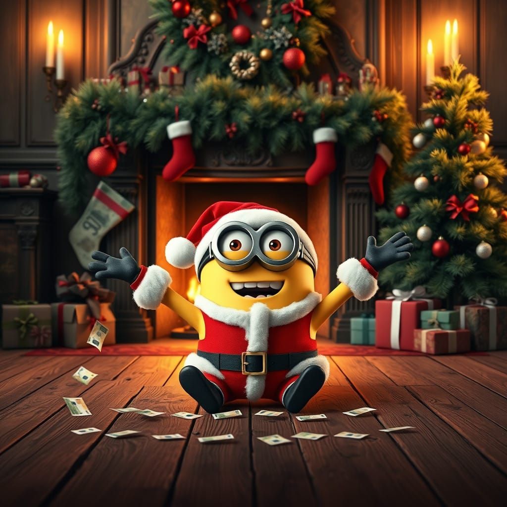 Surreal Christmas Scene with a Minion in a Red Santa Suit