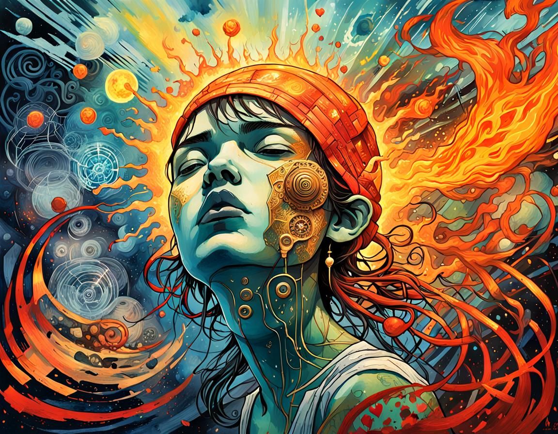 Fiery Heart: Digital Art in Kale and Teal