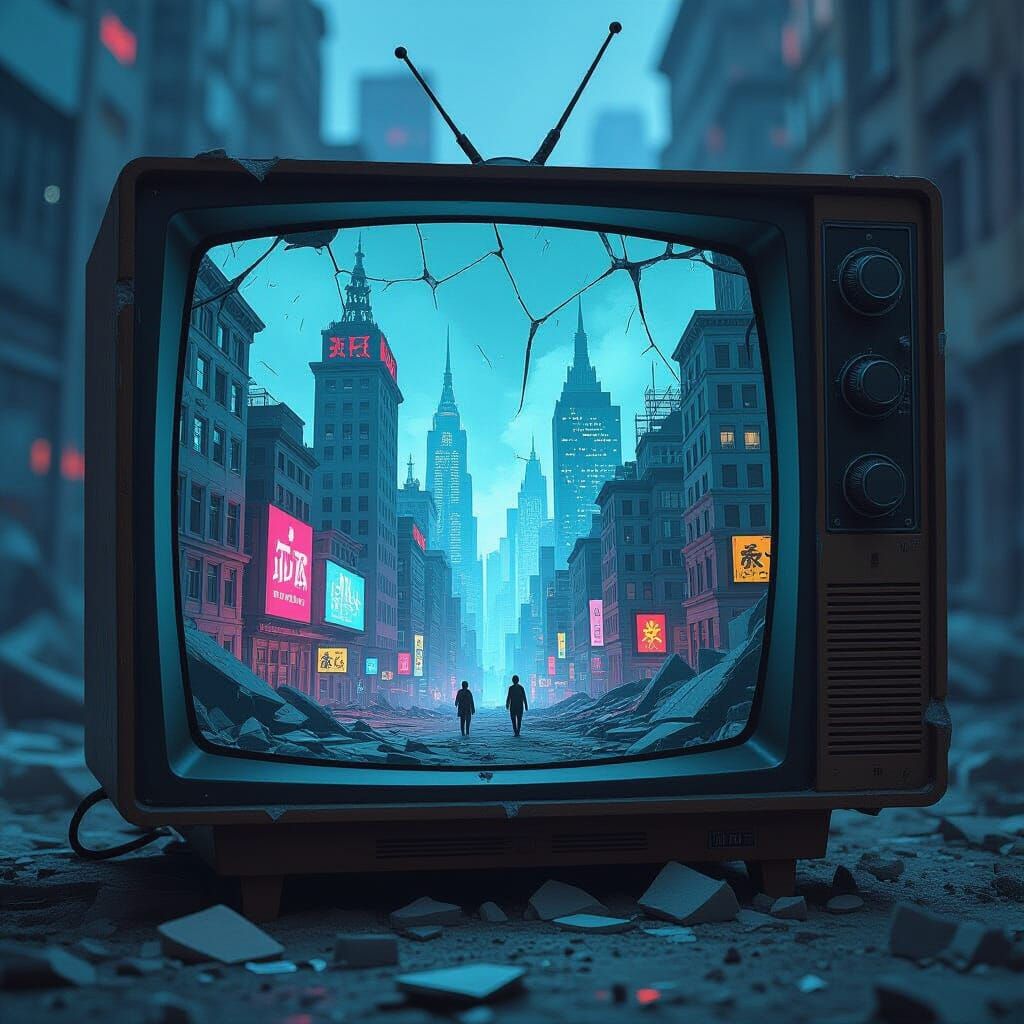 Cubist Cityscape Through Broken TV Screen