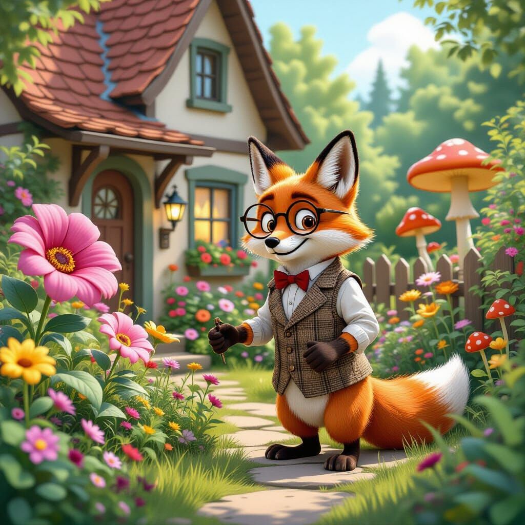 Anthropomorphic Fox Tends Magical Garden in Cottagecore Styl...