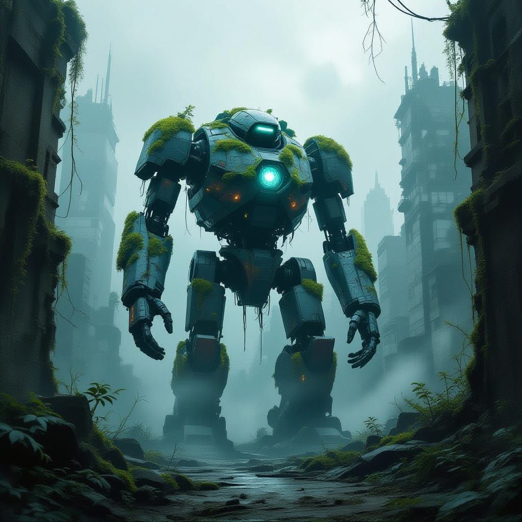 Ancient Robot in Overgrown Futuristic City
