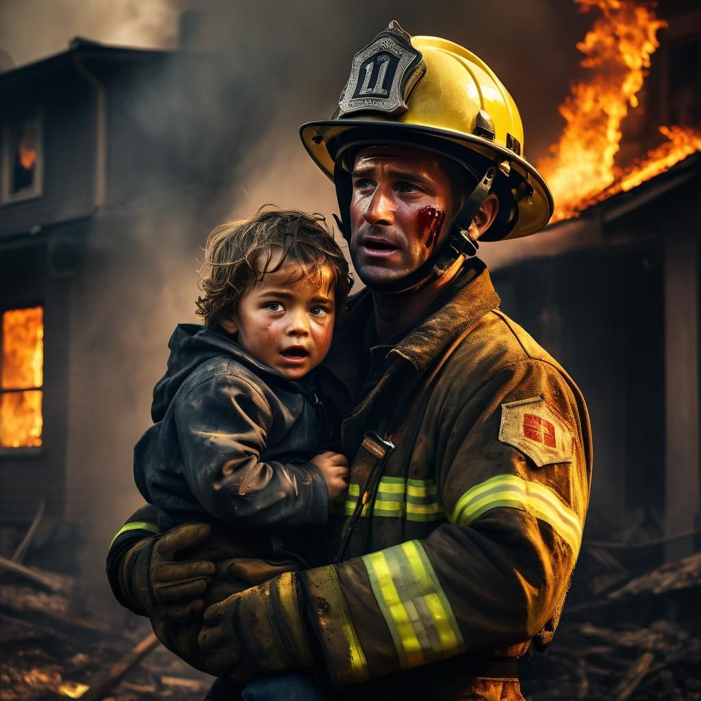Fireman Rescuing Child From Burning Building: Digital Art