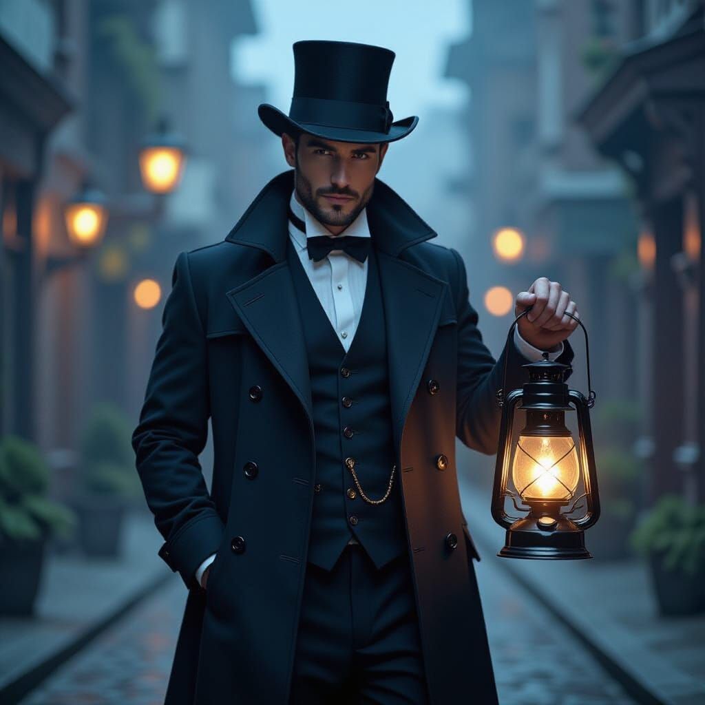 Mystical Gentleman with Lantern Lamp in Digital Art Style