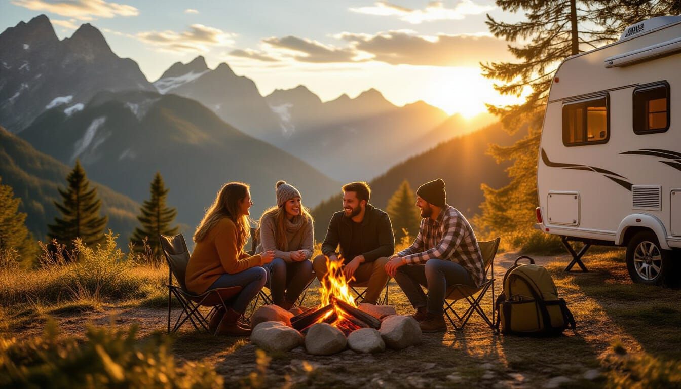 Family Camper Vacation in Golden Hour Mountains