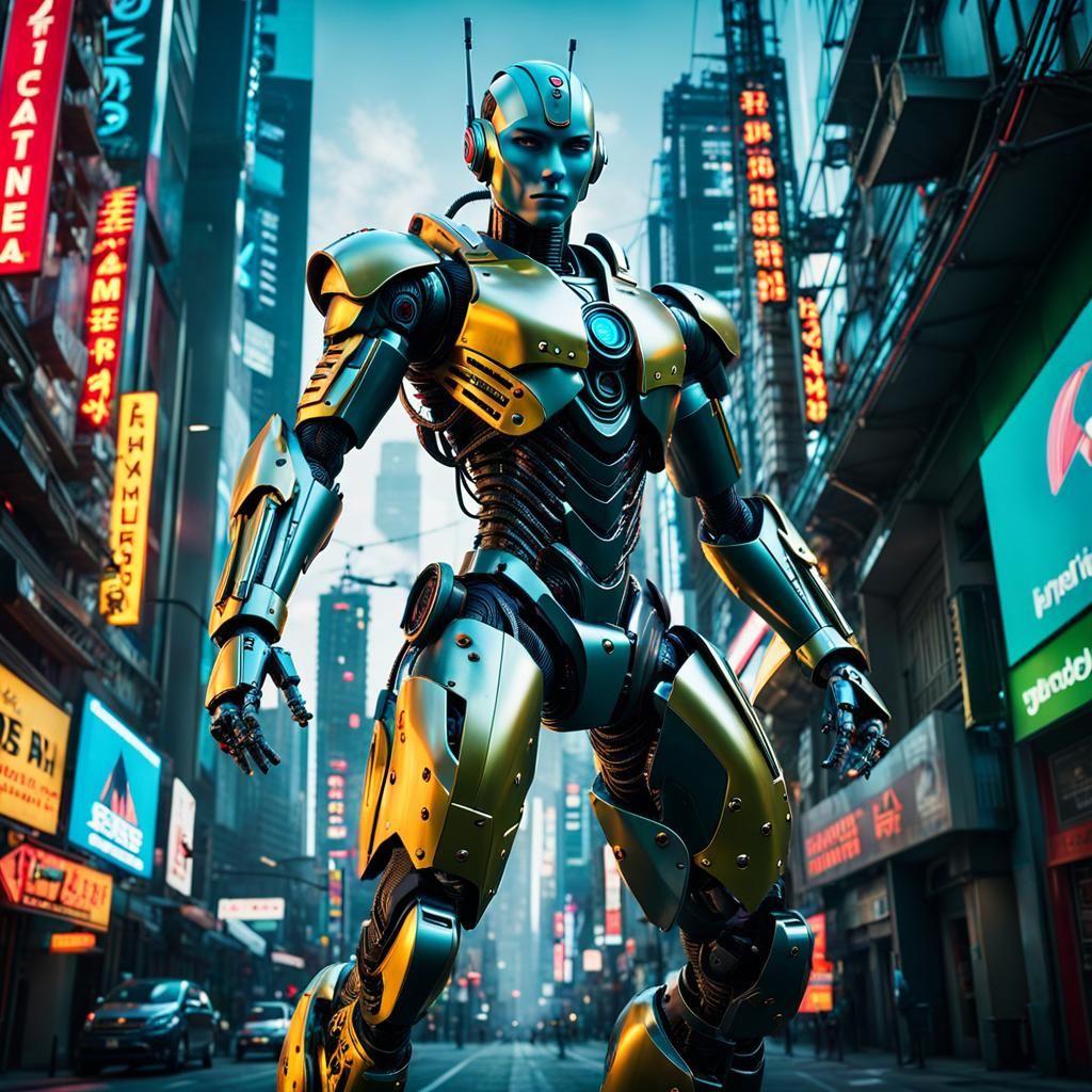 Cybernetic Robot in Cyberpunk Double Exposure