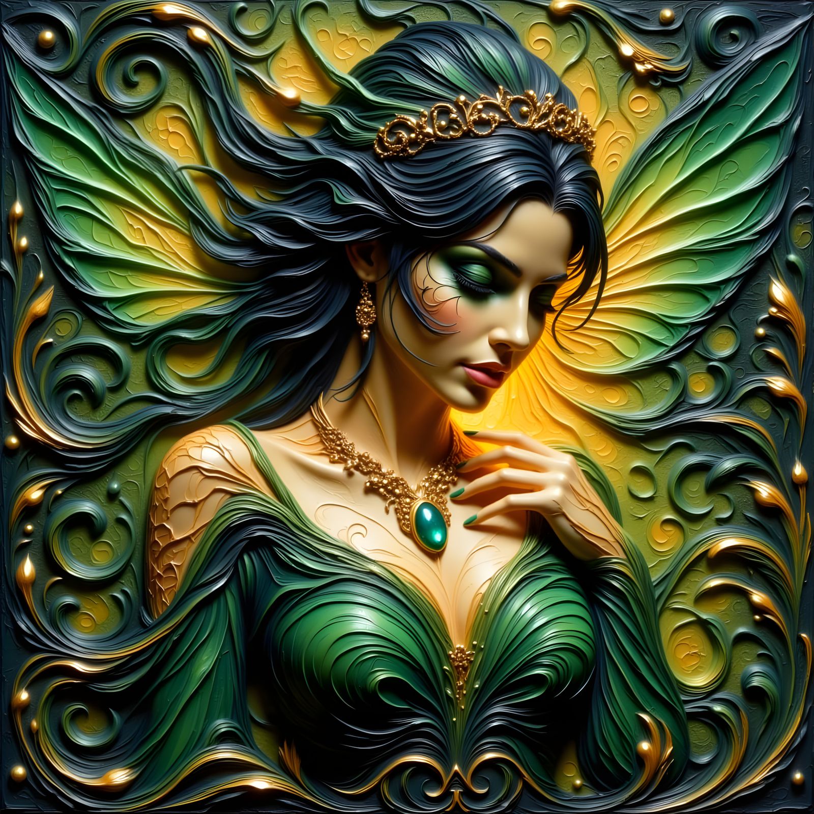 Emerald Fairy Queen in Textured Cyberpunk Style