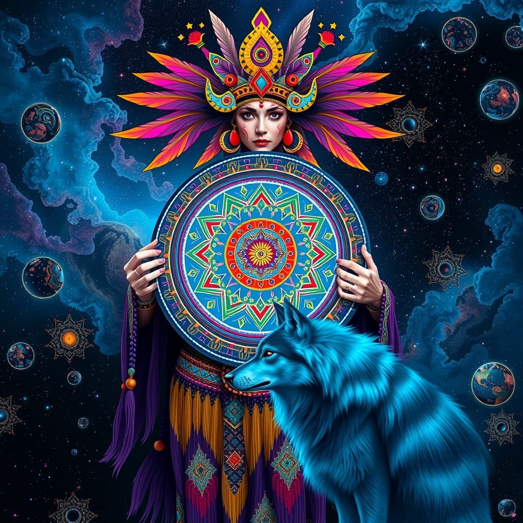 Mystical Shaman with Cosmic Wolf: Psychedelic Art
