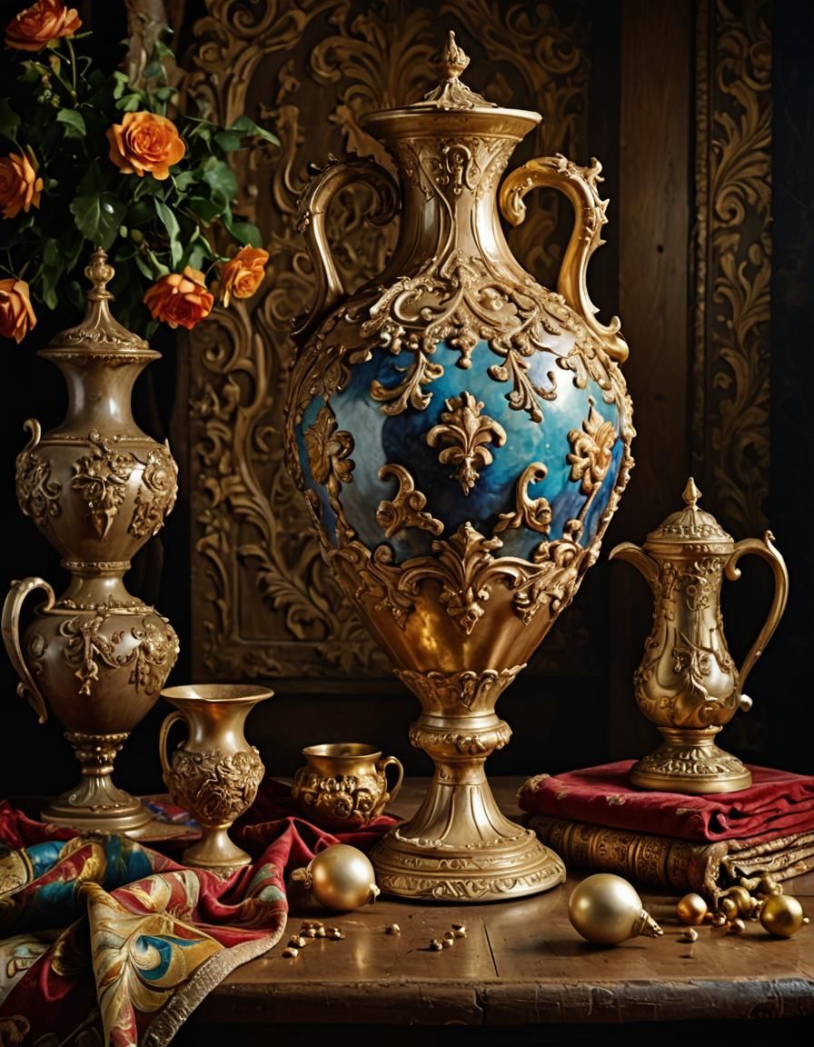 Ornate Amphora Still Life in Baroque Style