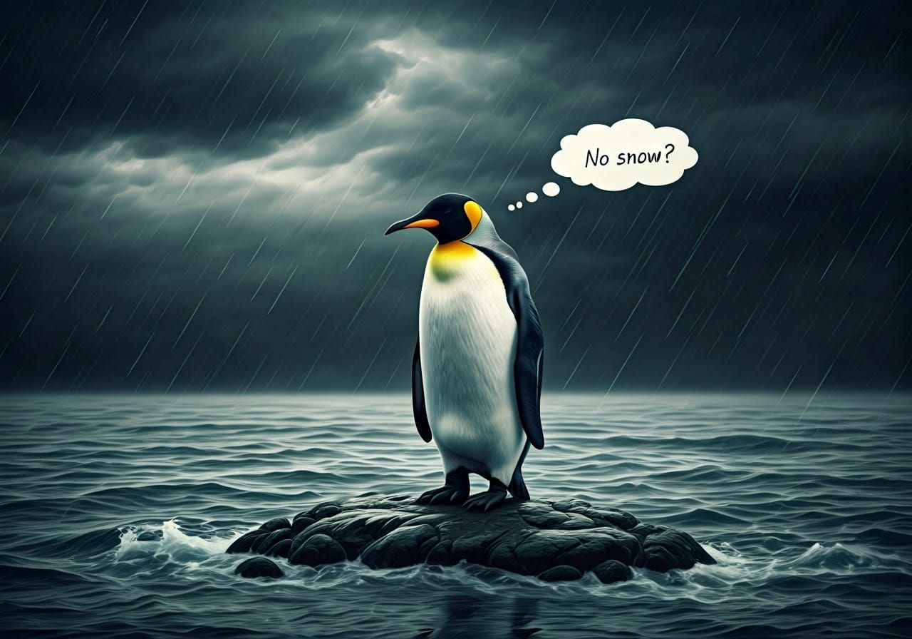 Mourful King Penguin in Stormy Seascape