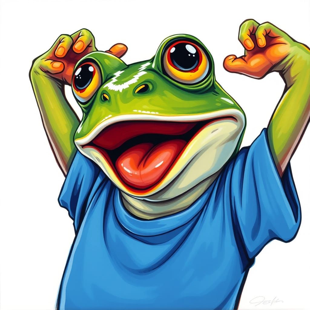 Pepe the frog with mouth agape, popping eyes bulging while l...