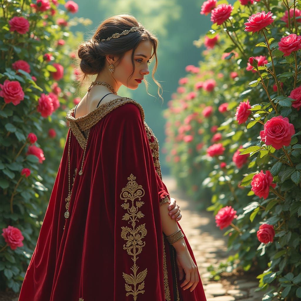 Medieval Woman in Rose Garden: A Pre-Raphaelite Vision