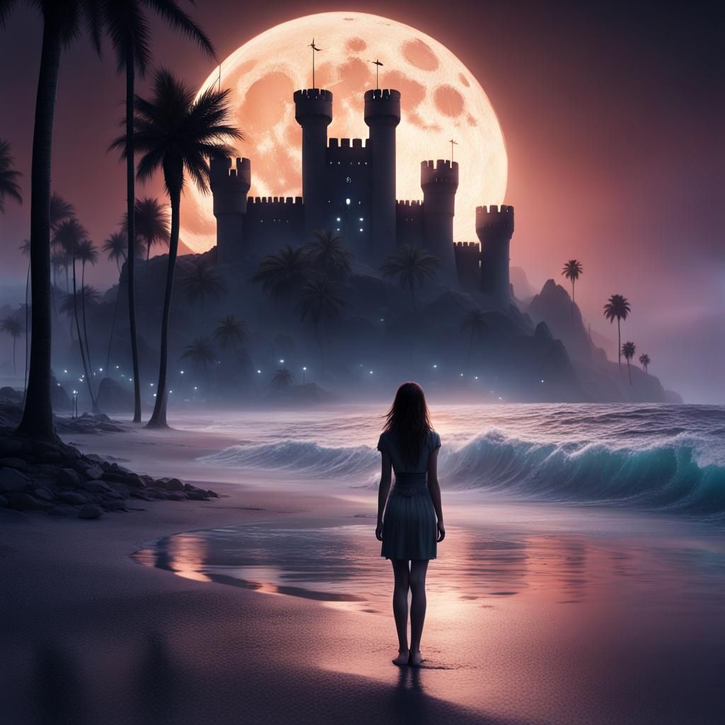 Night Beach Scene with Castle and Big Moon