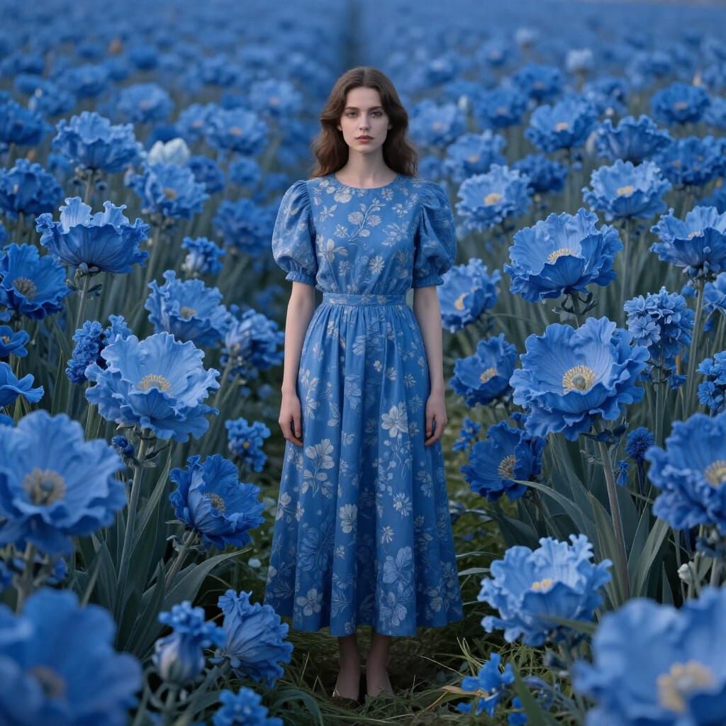 Woman in Surreal Blue Flower Field, Photorealistic Style
