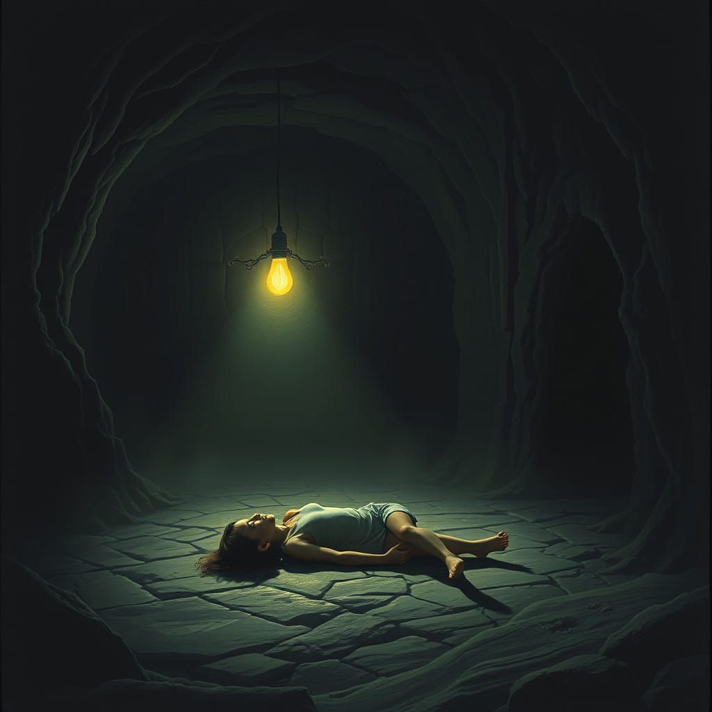 Dark, Haunting Basement Scene in Mysterious, Foreboding Atmo...