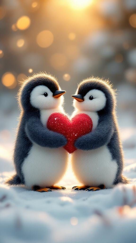 Fluffy Penguins with Heart in Snowy Scene